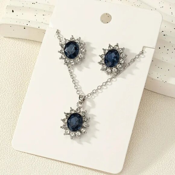 ⭐️NWT Blue Sapphire Pendant Necklace and Earring Stud Set - Picture 3 of 4